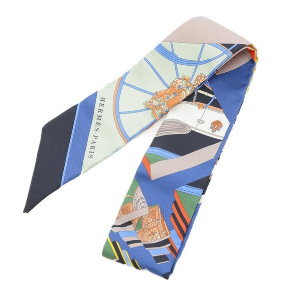 HERMES Twilly Scarf Spring Baguette Marine/Vert/Jaune 100% Silk - Picture 4 of 4